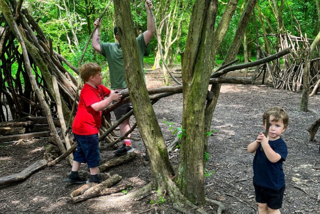 Three children in a wooded area build dens using sticks and branches. One child in a red shirt and another in blue are busy working, while the third child, also in blue, stands nearby holding a stick.