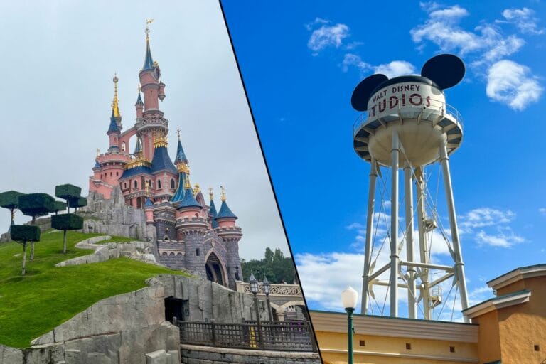 A split image showing Disneyland Paris on the left and Walt Disney Studios Park on the right. The left side features the iconic pink Sleeping Beauty Castle with golden spires, while the right side shows the Walt Disney Studios water tower with Mickey Mouse ears on a sunny day.