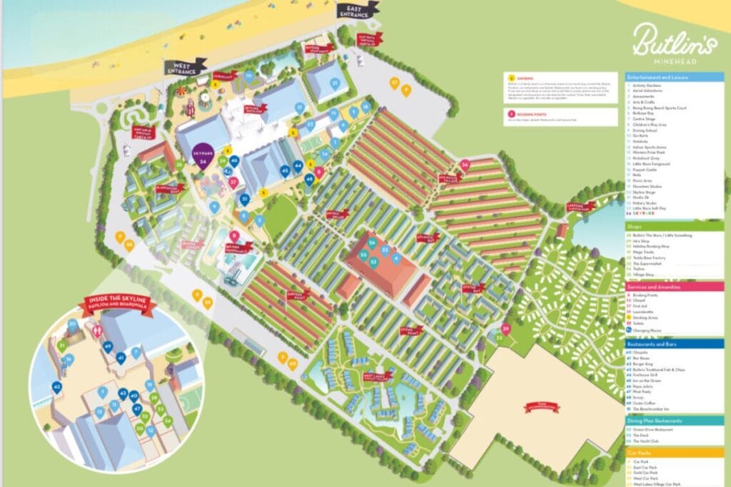 Butlins Minehead Resort Map A map of the Butlins Minehead resort that shows the layout of the accommodation and facilities onsite. At the top of the map you can see the beach and there's a key to the right side of the map.